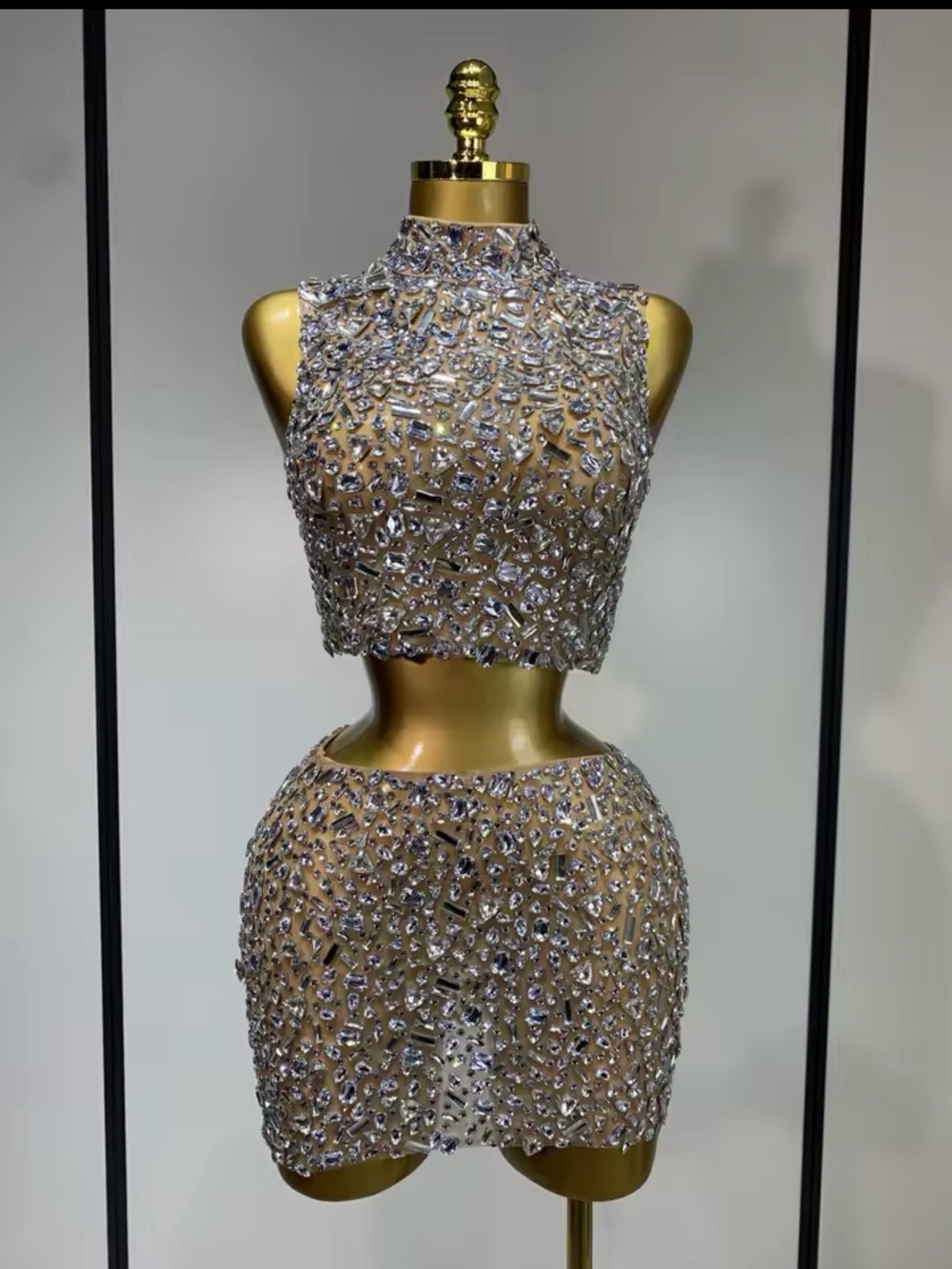 AKIRA Silver Sequin Two-Piece Mini Dress crystal rhinestone embellished set - Picture 2 of 8